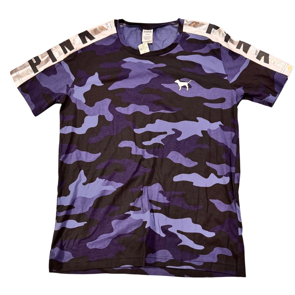 NWT PINK by Victoria's Secret‎ Camo Logo Graphic T Shirt Purple Blue Womens M